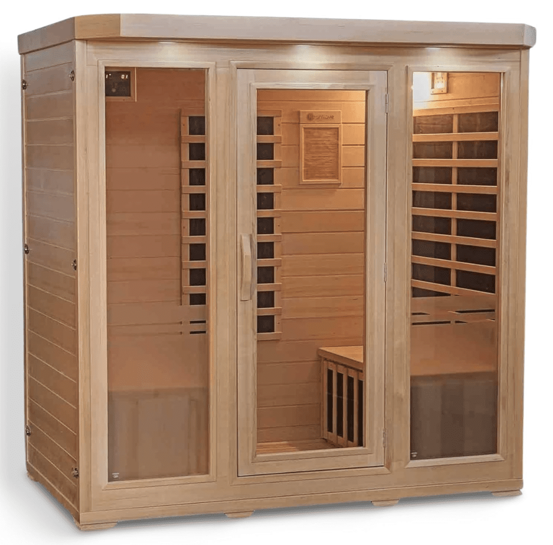 Three-person wooden sauna with glass doors.